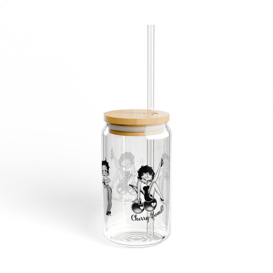 Retro “Cherry Bomb” Glass Tumbler | Eco-Friendly 16oz Can Glass with Bamboo Lid and Straw